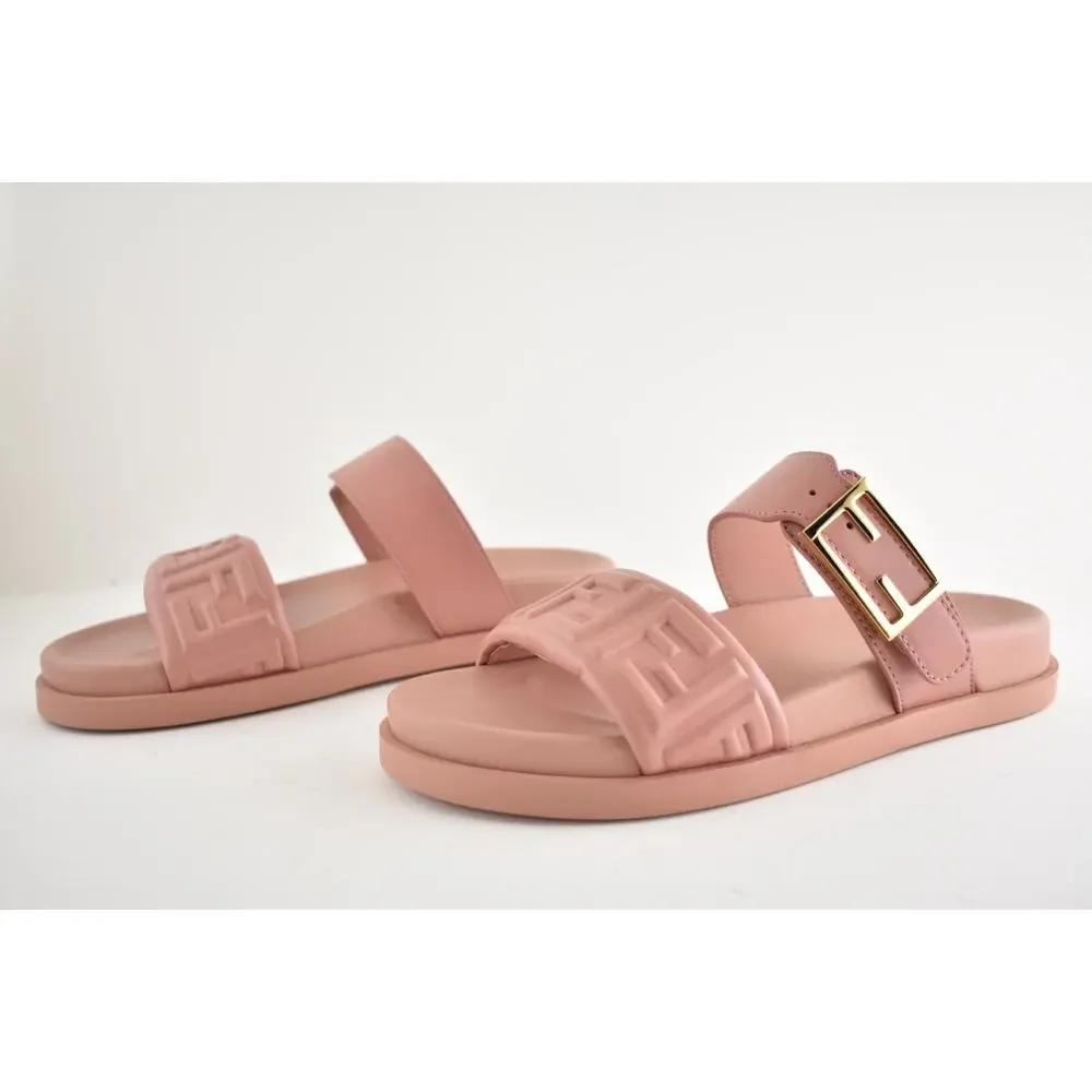 Fendi Feel Slide Pink Brick Leather FF Baguette Logo Gold Mule Flat Sandal 37